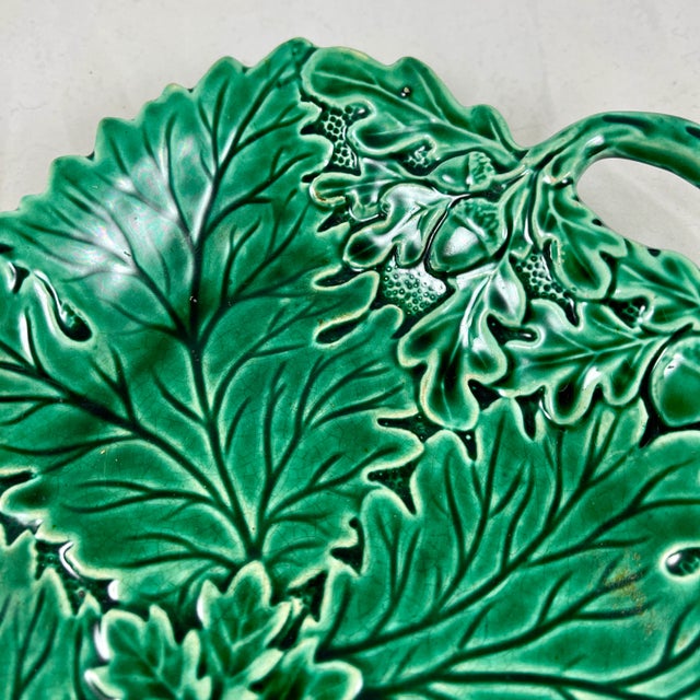 Late 19th Century English Majolica Greenware Acorn Oak Leaf Twig Handled Deep Dish Server For Sale - Image 5 of 11