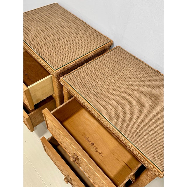 Pair of Henry Link for Lexington Woven Rattan Nightstands With Glass Tops – British Colonial / Palm Beach Style For Sale In West Palm - Image 6 of 10
