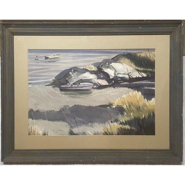 1950s Vintage Carl Schmalz Jr Maine Boat Harbor Modernist Painting - Bowdoin & Amherst For Sale - Image 5 of 12
