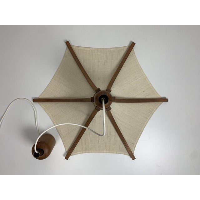 1970s Teak and Linen Umbrella Pendant Hanging Lamp attributed to Domus, 1970s For Sale - Image 5 of 14