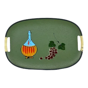 Mid-Century Modern Avocado Green Decanter & Grapevine Serving Tray