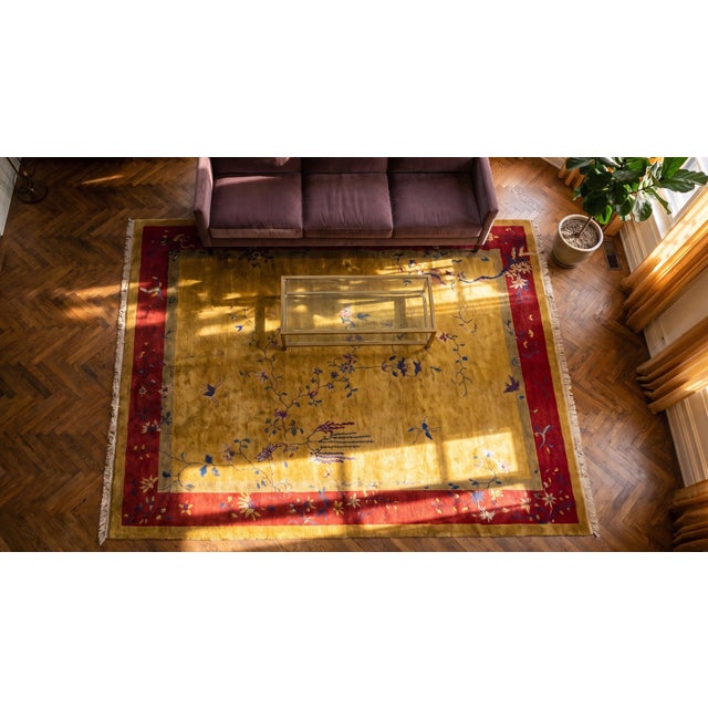 Surprising Saffron Background and Red-Raspebery Border With Tiny Sprays Floral Design Antique Chinese Art Deco Rug For Sale - Image 13 of 15