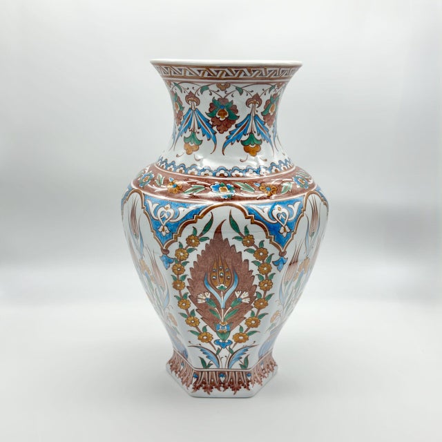 Turquoise Handmade Ceramic Iznik Vase (Faceted Form) Russet Brown and Turquoise Floral For Sale - Image 8 of 9