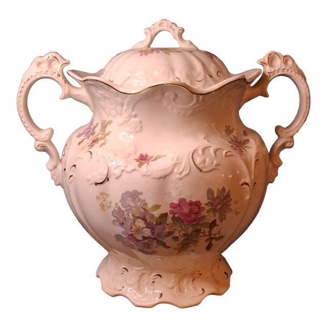 Antique Johnson Bros England Slop Jar Chamber Pot & Lid Victorian Floral Gold 12.5" For Sale