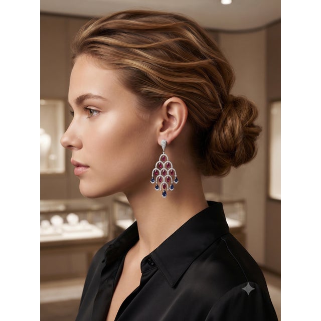 Ruby Red Natural Ruby 4.44cts, Sapphire 2.87cts & Diamond 3.12cts Earring in 14k Gold For Sale - Image 8 of 8