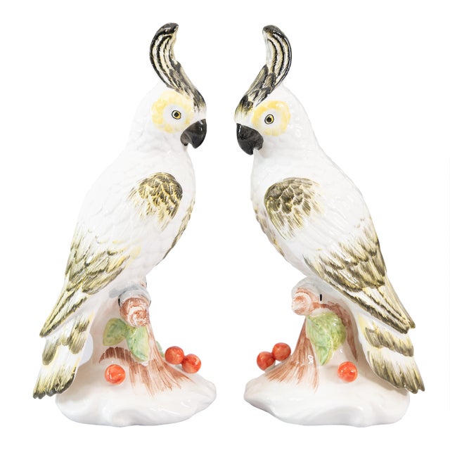 Vintage Italian Majolica White Cockatoos Parrots Birds - A Pair For Sale