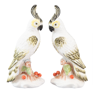 Vintage Italian Majolica White Cockatoos Parrots Birds - A Pair