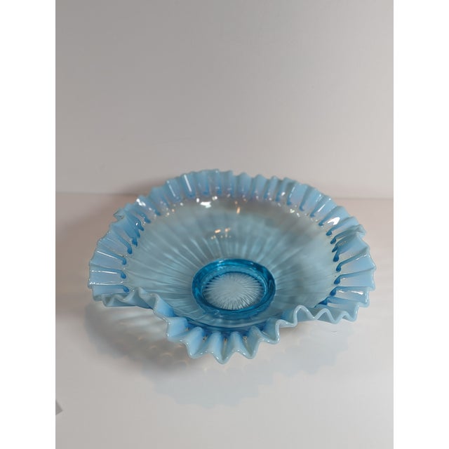 Metal Antique Glass Aqua Blue Ribbed Optic Bride’s Bowl, Crescent Silver Co. Quadruple Plate Base For Sale - Image 7 of 10