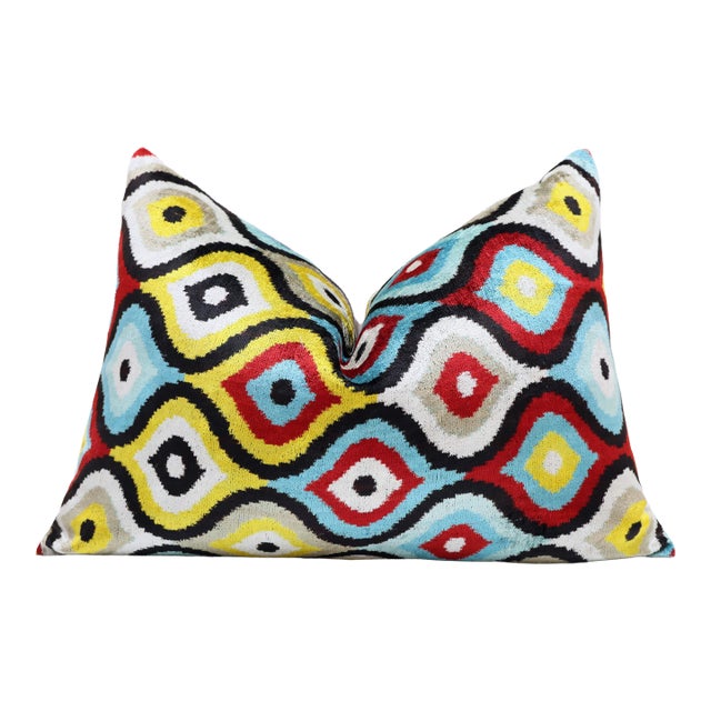 Multicolor Ikat Silk Velvet Lumbar Pillow 16x24 | Handmade Designer Accent For Sale