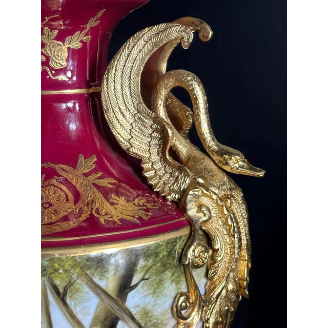 1920s Vintage French Rococo Style Hand-Painted Porcelain Vase with Swan Handles and Gilded Details from Retier, 1920s For Sale - Image 5 of 11