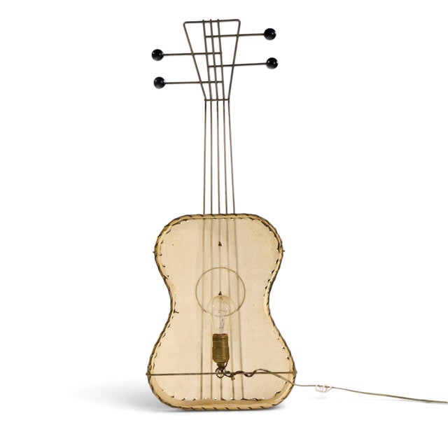 Frederick Weinberg Mid Century Black Wire and Parchment Guitar Lamp For Sale In Chicago - Image 6 of 8