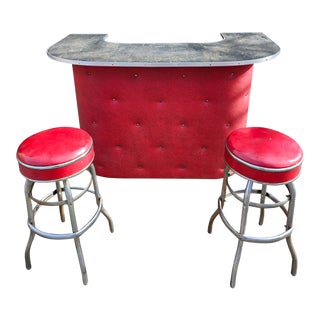 Vintage Mid-Century 1950's Tufted Home Cocktail Bar & Matching Bar Stools - Set of 3 For Sale