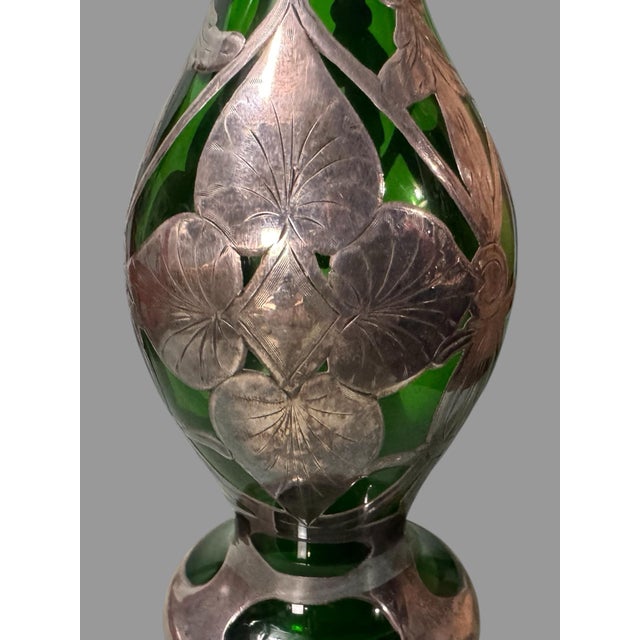 Antique Art Nouveau Sterling Silver Overlay Green Art Glass 8" Vase For Sale - Image 9 of 12