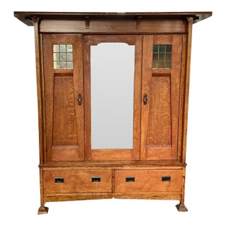 English Arts and Crafts Oak Wardrobe Cabinet Harris Lebus, London, C. 1900 For Sale