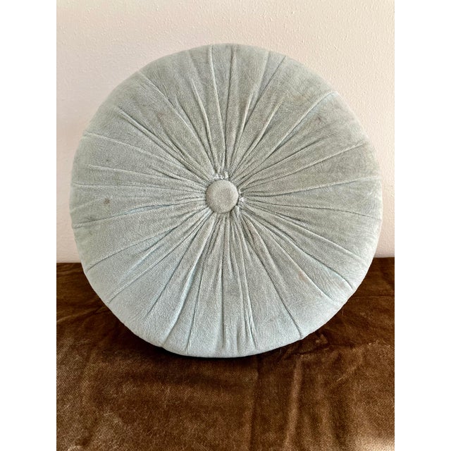 Vintage Hollywood Regency Pleated Sage Green Velvet Round Ottoman Featuring Elegant Cast Brass Cabriole Legs For Sale - Image 4 of 14