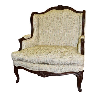 Vintage Carved Walnut Oversized French Style Chair W/Patterned Fabic For Sale