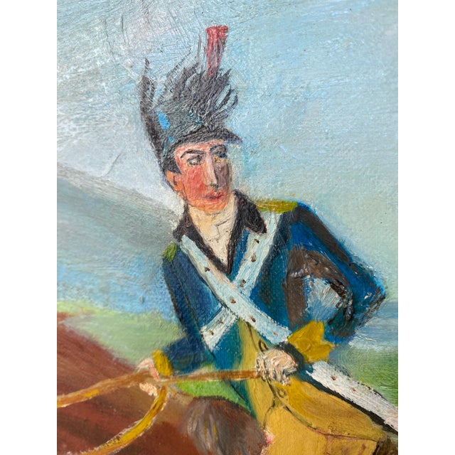 American Vintage Naive Folk Art Painting, Equestrian Officer, Signed Anna Werner For Sale - Image 3 of 8