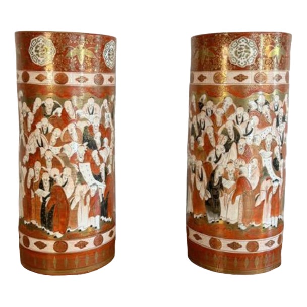 19th Century Japanese Kutani Cylindrical Vases, 1880, Set of 2 For Sale