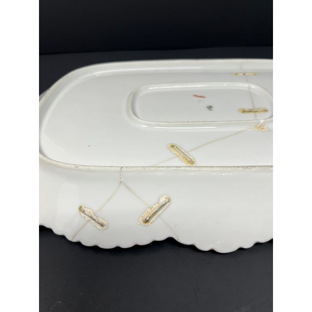 1900 - 1909 Antique Staple Repaired Limoges Porcelain Charger, Art Nouveau Marine Botanical, France c.1900 For Sale - Image 5 of 9