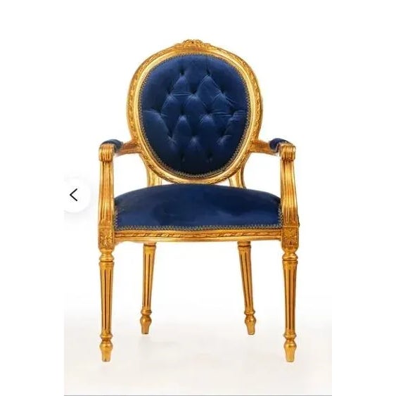 Textile French Tufted Chair Blue Velvet Chair Gold Leaf Chair For Sale - Image 7 of 7