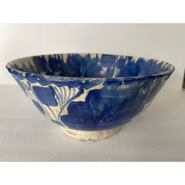 Large Vintage Mexican Blue and Ivory Talavera Pottery Bowl For Sale - Image 4 of 15