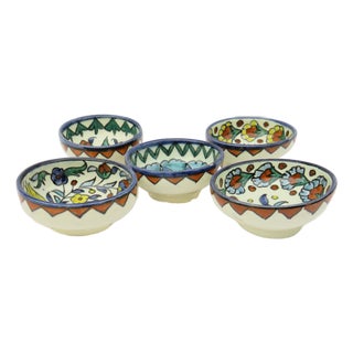 Artisan-Painted Morrocan Style Folk Art Pottery Bowls, S/5 For Sale