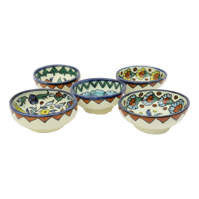 Artisan-Painted Morrocan Style Folk Art Pottery Bowls, S/5 For Sale