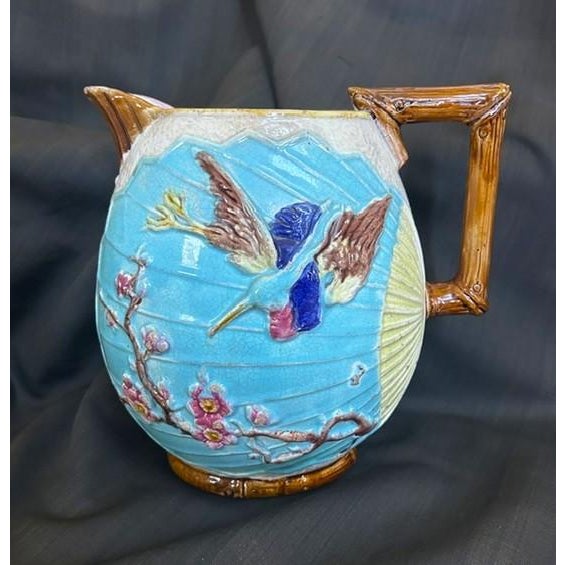 Antique Majolica Wardle & Co. Bird & Fan Large Pottery Pitcher For Sale - Image 9 of 16