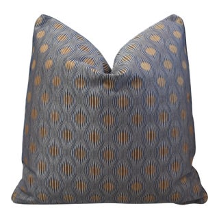 Designer Modern Abstract Optical Blue & Gold Feather/Down Pillow For Sale