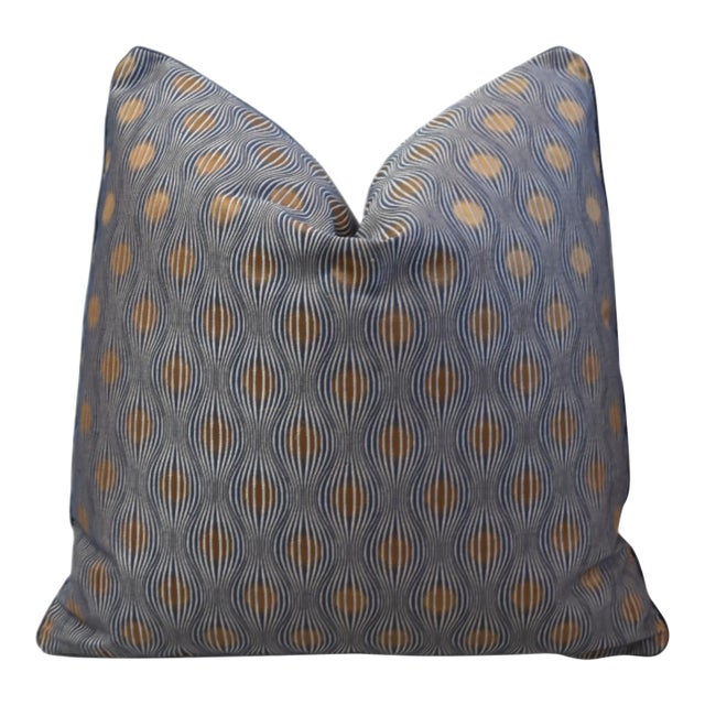 Designer Modern Abstract Optical Blue & Gold Feather/Down Pillow For Sale