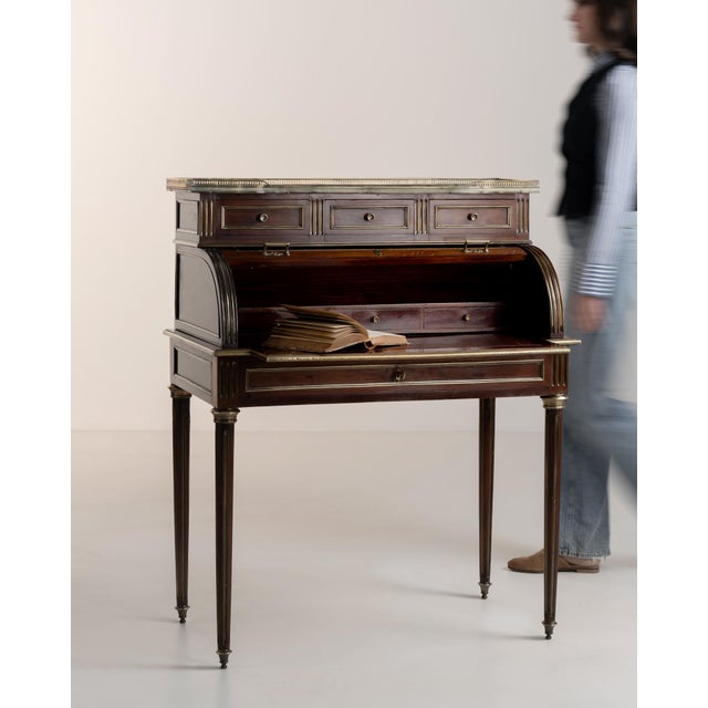 19th Century 19th Century Louis XVI Cylinder Desk With Marble Top & Brass Accents For Sale - Image 5 of 15