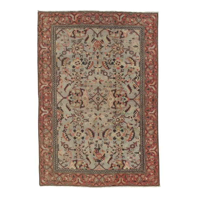 Antique Oushak Carpet, Handmade Oriental Rug, Pale blue, Coral Taupe, Cream Fine For Sale
