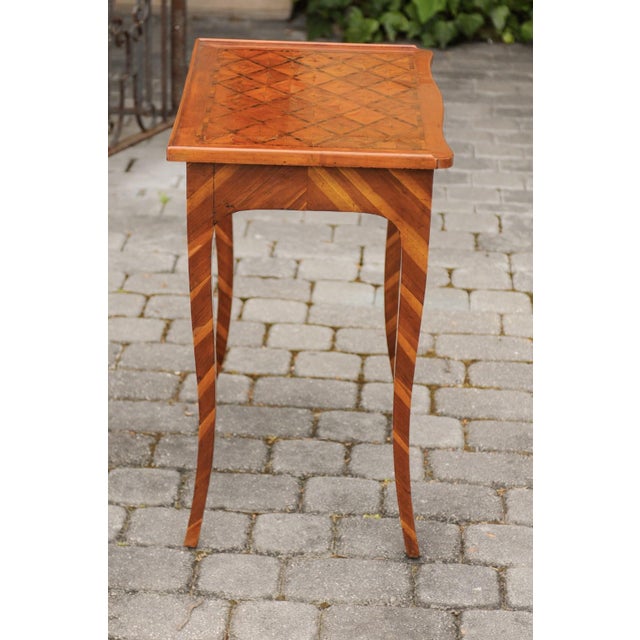 Wood Italian 1820s Walnut Side Table with Marquetry Top, Inlaid Legs and Side Drawer For Sale - Image 7 of 11