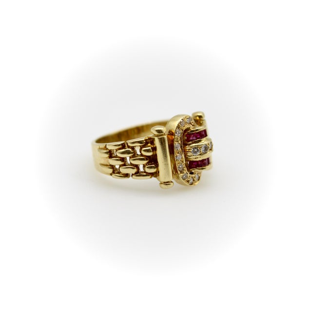 Modern Vintage 18k Gold Diamond and Ruby Buckle Ring, Size 4.5 For Sale - Image 3 of 10