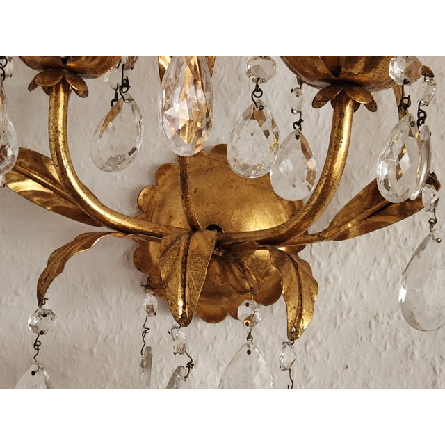 Hollywood Regency Hand-Forged Gold Leaf Gilded Floral 2-Light Wall Lamp with Crystals, 1950s For Sale - Image 6 of 18