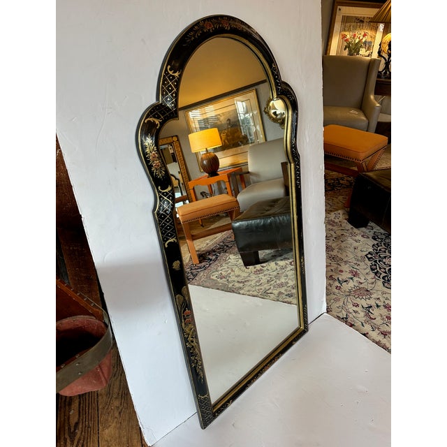 Black Large Ebonized Hand Painted & Gilded Chinoiserie Wall Mirror For Sale - Image 8 of 13