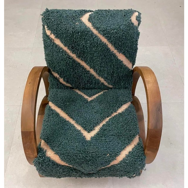 Handmade Wool Chair,Cozy Boho Accent Chair With Natural Wood Frame, Handmade Wood Chair,The Deep Teal Wool With Ivory Geometric Lines. For Sale - Image 9 of 10