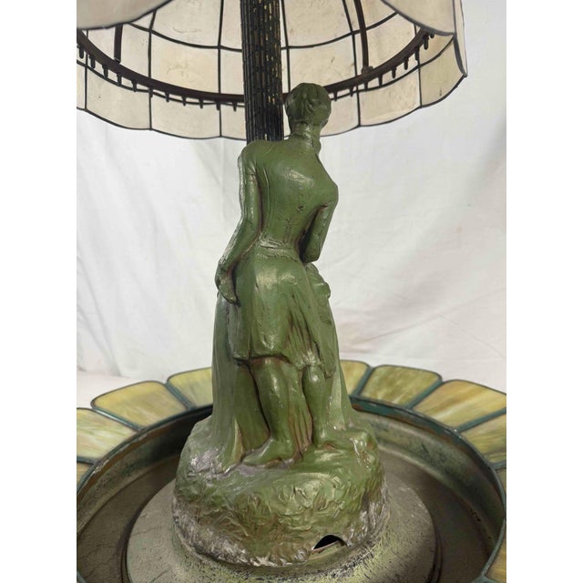 Metal 1920s Art Deco Figural Re-Circulating Fountain Lamp - Working Verdigris Spelter Sculpture & Iridescent Natural Capiz Shell Dome Shade For Sale - Image 7 of 14