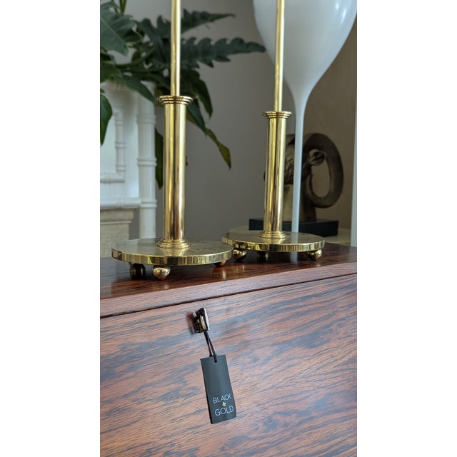 Mid 20th Century Polished Brass Mid-Century Modern Table Lamps (Pair) With Stepped Base For Sale - Image 5 of 11