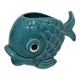 1980s Vintage Whimsical Coastal Ceramic Fish Planter in Cerulean Blue. For Sale