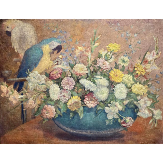 Montague Hall –Exotic Parrots and Floral Still Life – Early 20th Century Oil Painting For Sale - Image 4 of 12