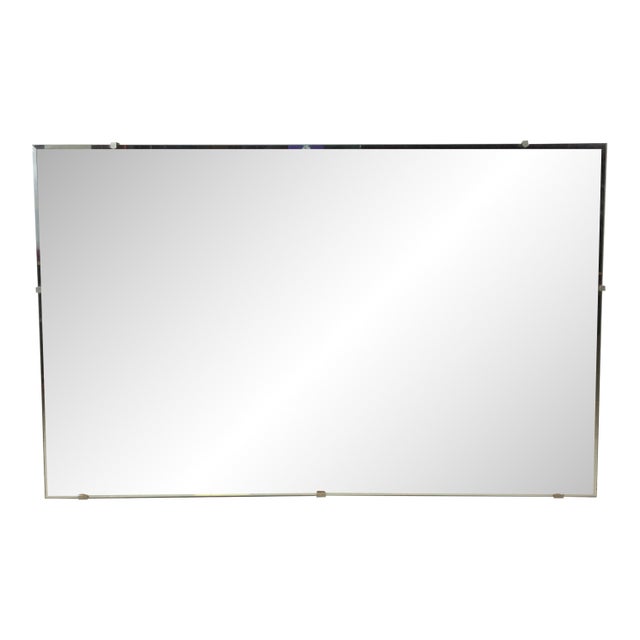 Mid Century Modern Long Rectangular Wall Mirror With Beveled Edge and Brass Accents For Sale