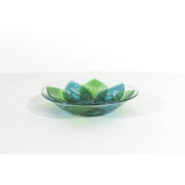 Mid 20th Century Vintage Art Glass Bubble Bowl Green Blue Flower For Sale - Image 5 of 9