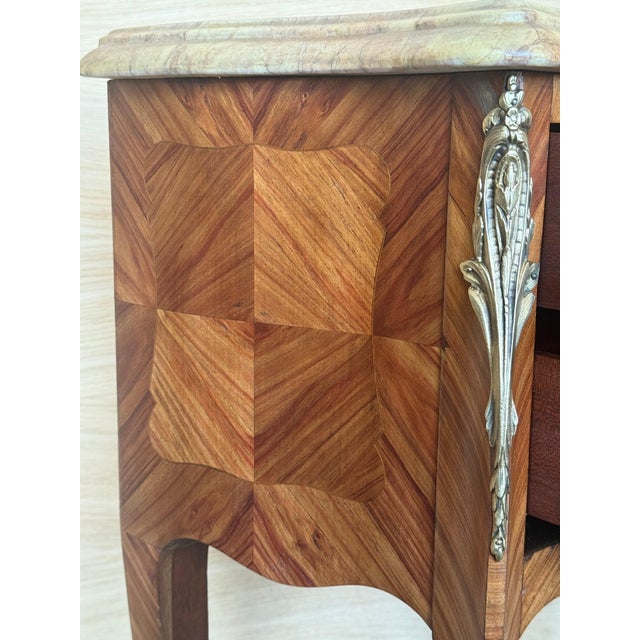 Pair Antique French Louis XV Marquetry Marble Top Nightstands with Two Drawers For Sale - Image 12 of 18