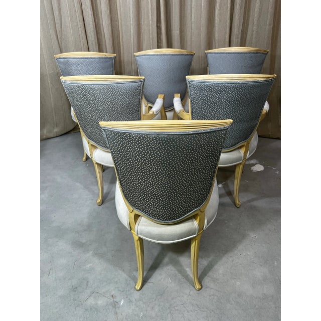 6 Charming French Neoclassical Hollywood Regency Chairs Original paint of light creamy yellow, distressed and gilded....
