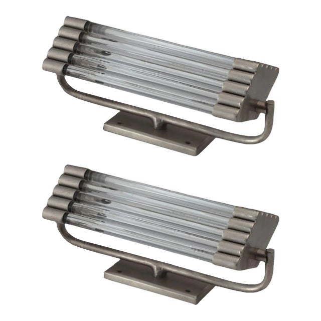 1940s Art Deco Nickel Brass & Glass Rod Wall Sconces - Set of 2 For Sale