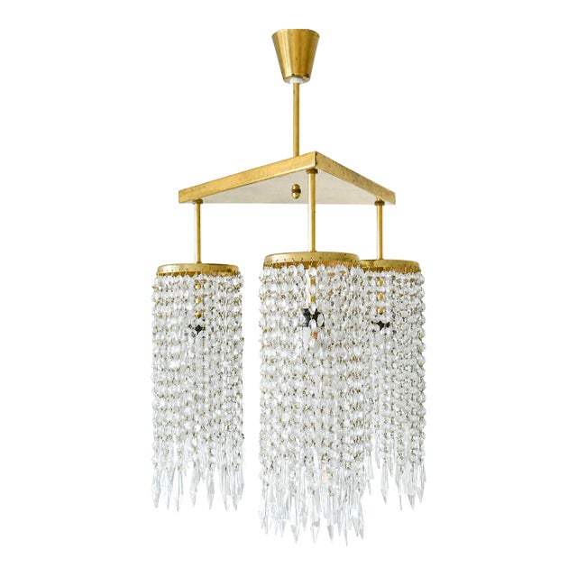 Vintage Jablonecke Sklarny Bohemian Glass Chandelier, Solid Brass, 3-Light, 1970s For Sale