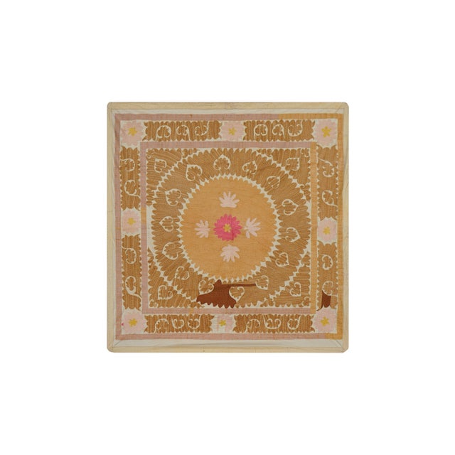 Suzani White Washed Pale Tribal Tapestry - Camel Uzbek Table Cloth 4'3'' X 4'6'' For Sale - Image 4 of 14