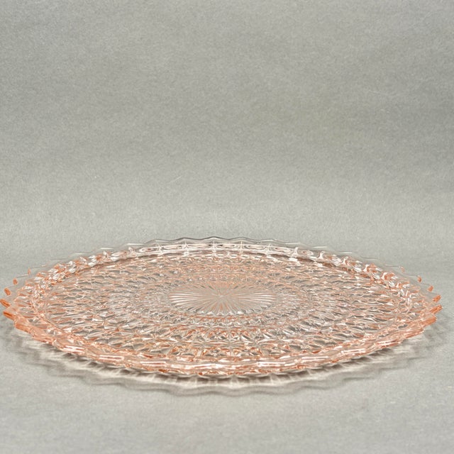 1930s Vintage Pink Jeannette Glass “Holiday Buttons and Bows” Depression Glass Cake Plate For Sale - Image 5 of 9