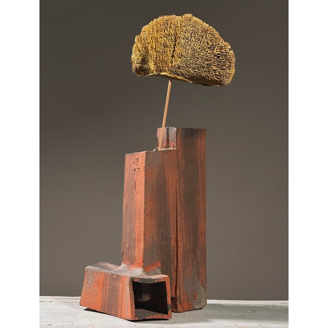 Vintage Brutalist Wood Fired Terracotta Vase, Signed. Double barrel vase with brown brushmarks on the matte exterior....